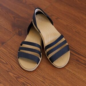 Crocs Tulum Strappy Sandals Navy Tan Women 7 Flat Multi Strap Comfort Shoes